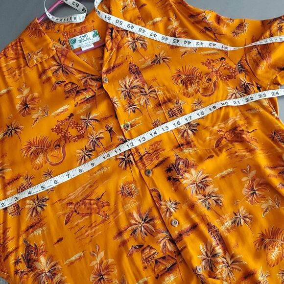 Vintage Two Palms Golden Aloha Hawaiian Palms Rayon Shirt Orange Large - Picture 8 of 9